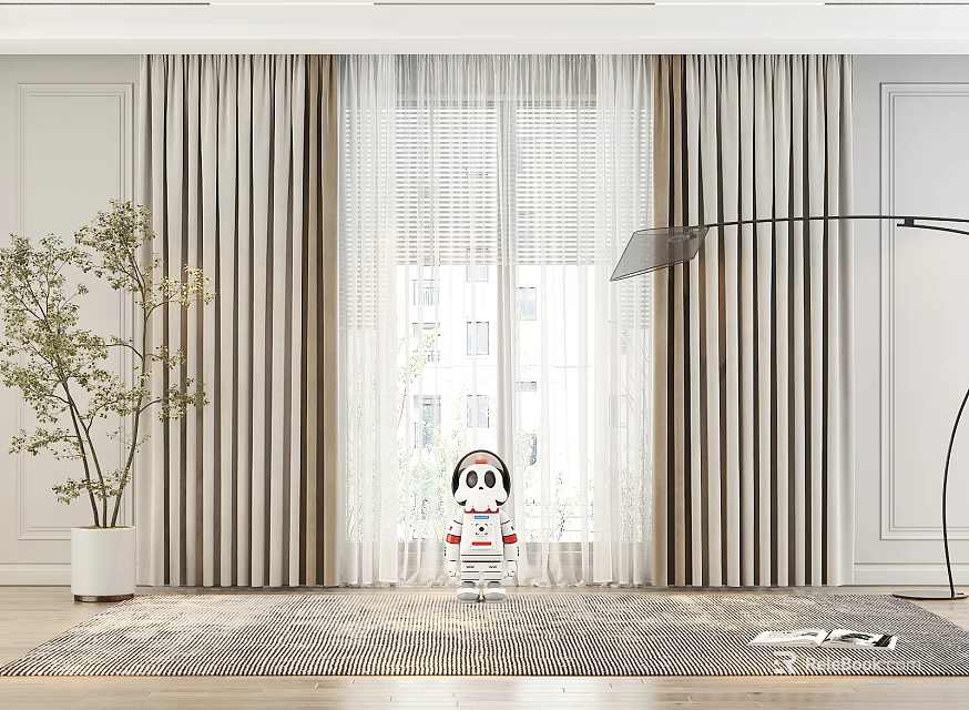 Beige Double Layer Curtains With Sheer Light Filtering For Modern Living Room Window 3d model 