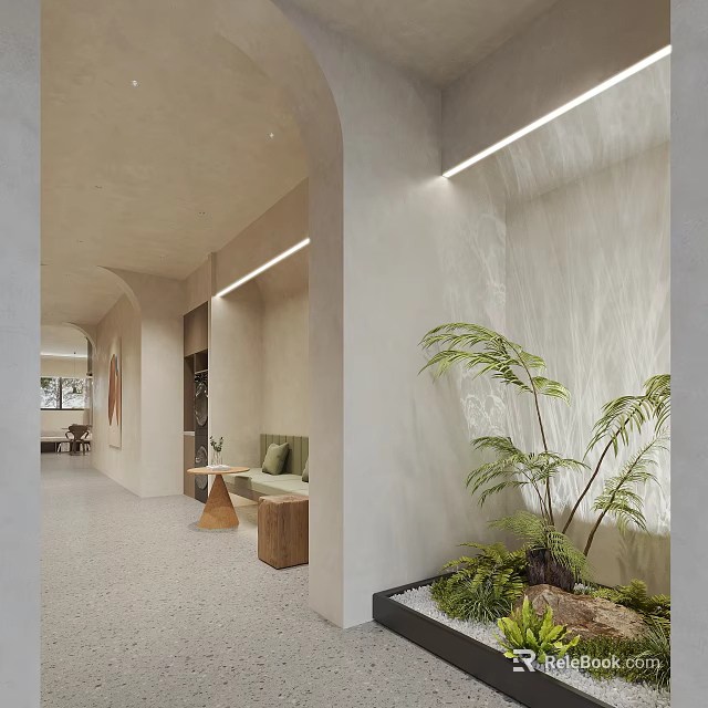 Well Lit Modern Interior Space With Arched Doorways Green Plants Water Feature And Soft Tones 3d model 