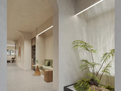 Well Lit Modern Interior Space With Arched Doorways Green Plants Water Feature And Soft Tones 3d model