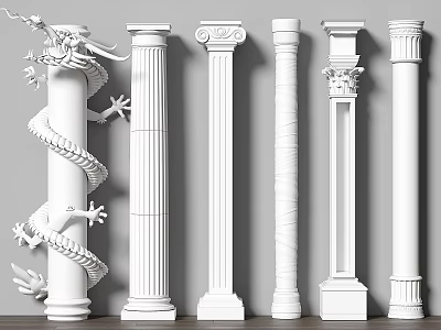 White Roman Columns With Diverse Designs And Ornate Dragon Sculpture 3d model