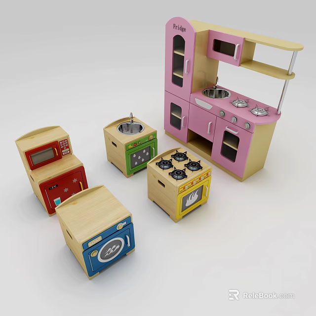 Colorful Wooden Toy Kitchen Set With Small Stoves And Pink Cabinet 3d model 