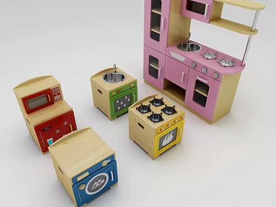 Colorful Wooden Toy Kitchen Set With Small Stoves And Pink Cabinet 3d model