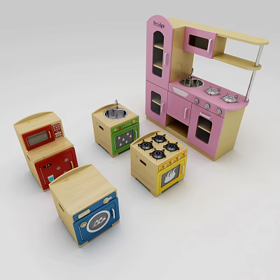 Colorful Wooden Toy Kitchen Set With Small Stoves And Pink Cabinet 3d model