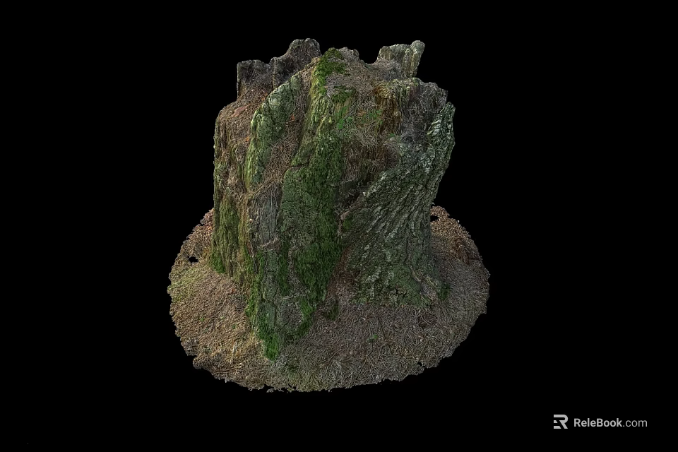 Moss Covered Wooden Stump With Stone Base And Natural Textured Surface 3d model 