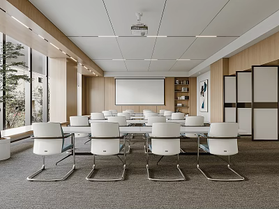 Modern Conference Room With Large Windows Wooden Walls White Chairs And Projection Screen 3d model