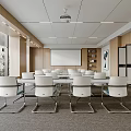Modern Conference Room With Large Windows Wooden Walls White Chairs And Projection Screen