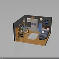 Cozy Bedroom Study Interior With Bookshelf Desk Computer Wardrobe Bed Rug And Wooden Floor