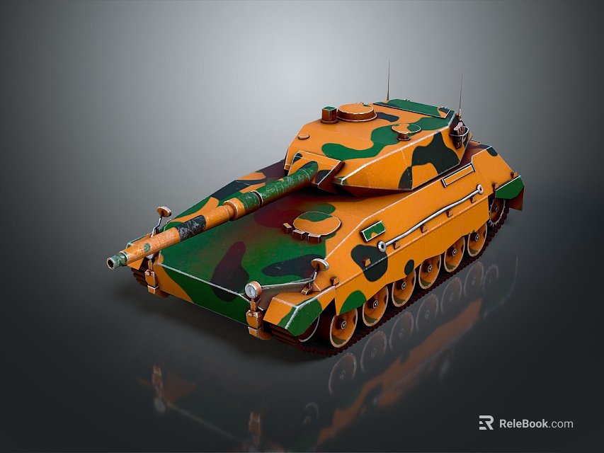 Military Camouflage Tank with Orange Green Black Pattern Turret And Tracks On Dark Background 3d model 