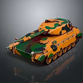 Military Camouflage Tank with Orange Green Black Pattern Turret And Tracks On Dark Background