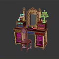 Traditional Chinese Red Vanity Table With Mirror And Carved Details And Matching Chair