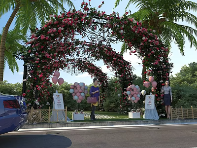 Iron Arbor Decorated With Pink Red Flowers Balloons Palm Trees And Greenery In Outdoor Setting 3d model