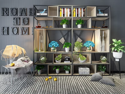 Modern Multi Tiered Bookshelf with Books Potted Plants Blue Flowers and Decor in Cozy Room 3d model