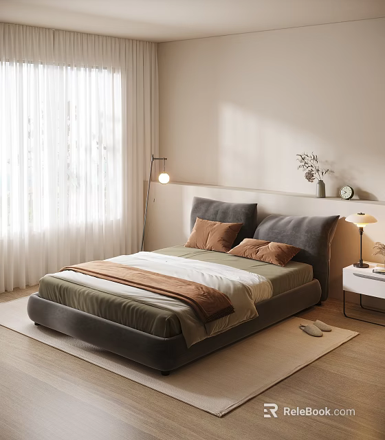 Cozy Double Bed in Modern Bedroom with Beige Walls White Curtains and Floor Lamp 3d model 