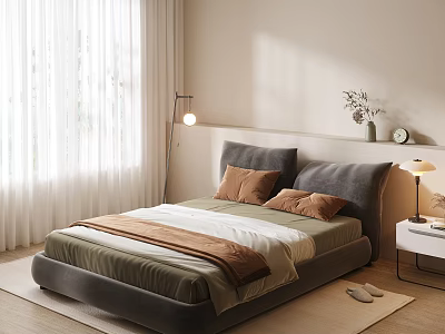 Cozy Double Bed in Modern Bedroom with Beige Walls White Curtains and Floor Lamp 3d model