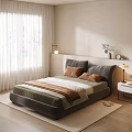 Cozy Double Bed in Modern Bedroom with Beige Walls White Curtains and Floor Lamp