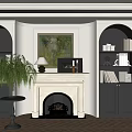 Black Arched Bookcase with Shelves in Living Room with Fireplace and Potted Plant