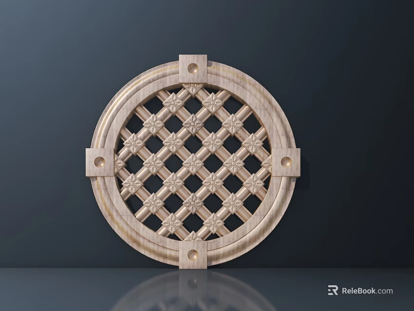 Wooden Circular Decorative Lattice Panel With Intricate Star Pattern And Frame Fasteners 3d model 