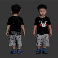 Cute Toddler Boy Wearing Black Bear Print T Shirt And Gray Shorts