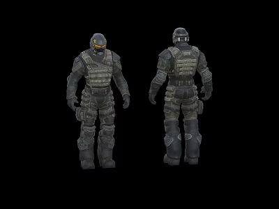 Man In Tactical Gear Full Body Front And Back Views On Black Background 3d model