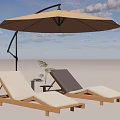 Wooden Outdoor Lounge Chairs With White Cushions And Brown Sunshade Umbrella