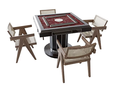 Square Entertainment Table With Red Black Inlay Round Center And Wooden Woven Chairs 3d model