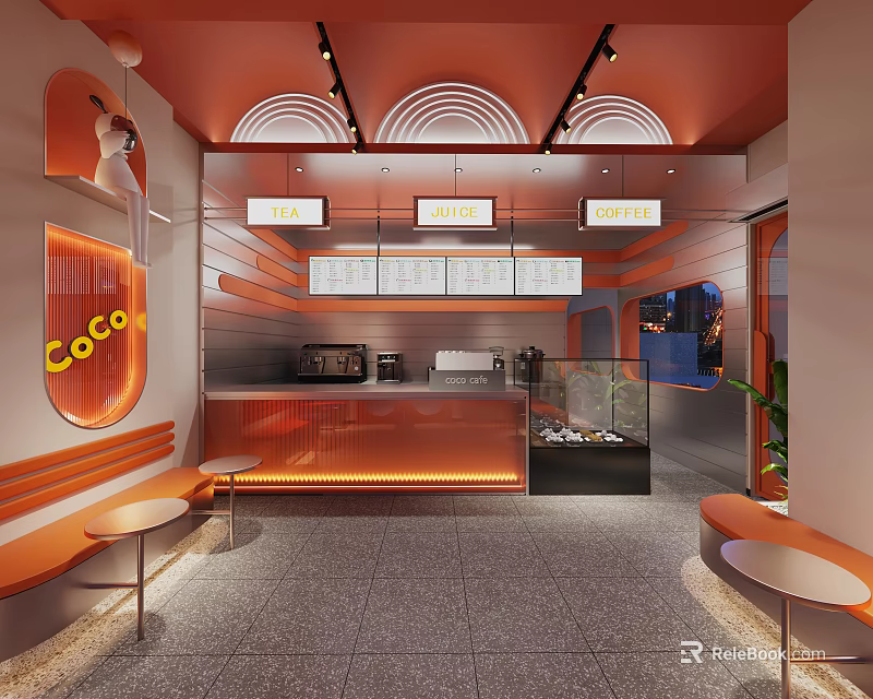CoCo Bubble Tea Shop Interior With Orange Decor And Seating Area 3d model