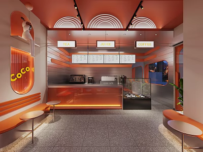 CoCo Bubble Tea Shop Interior With Orange Decor And Seating Area 3d model