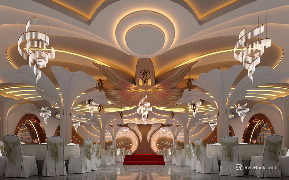Luxurious Banquet Hall Interior With Circular Light Ceiling White Chandeliers Arched Columns And Red Carpet 3d model 