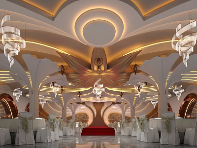 Luxurious Banquet Hall Interior With Circular Light Ceiling White Chandeliers Arched Columns And Red Carpet 3d model