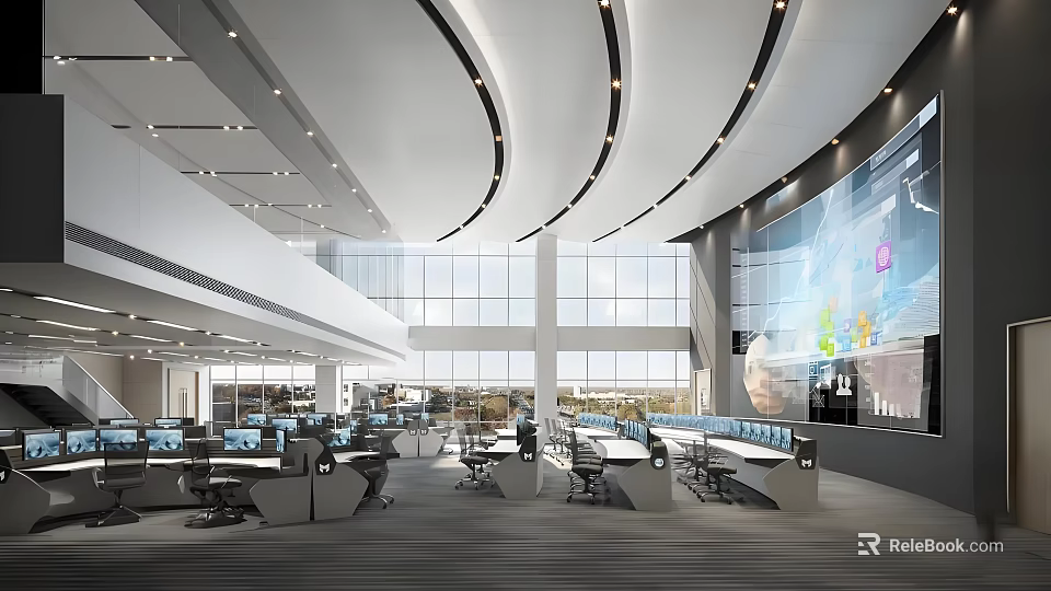 Modern Control Room With Large Monitoring Screens Multiple Workstations And Technical Equipment 3d model 