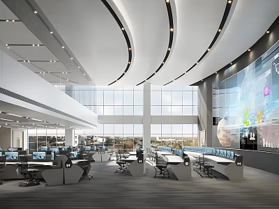 Modern Control Room With Large Monitoring Screens Multiple Workstations And Technical Equipment 3d model