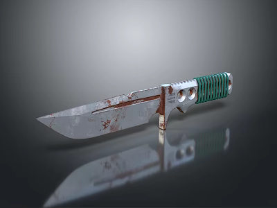 Bloodstained Metal Knife With Green Handle And Dark Background Reflection 3d model