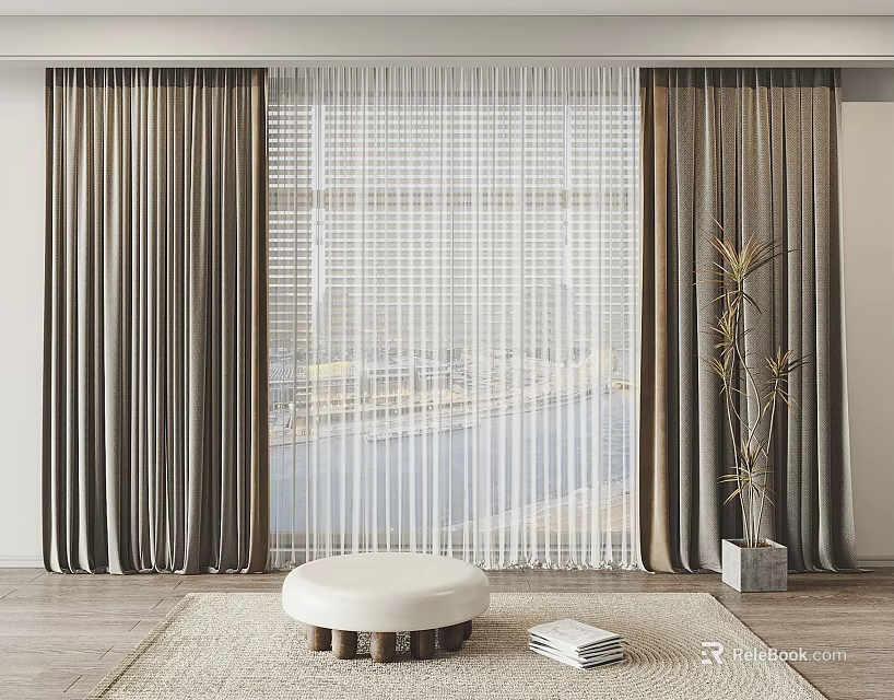 Stylish Brown Curtains And Sheer Panels Framing Window View With White Stool And Rug 3d model 