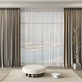 Stylish Brown Curtains And Sheer Panels Framing Window View With White Stool And Rug
