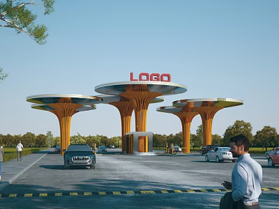 Modern Main Entrance Gate Design With Orange Pillars Canopy Logo And Parking Area 3d model