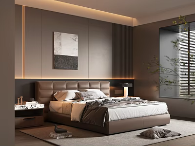 Modern Bedroom Interior With Leather Bed Nightstand Decorative Painting Window Blinds And Wooden Floor Rug 3d model
