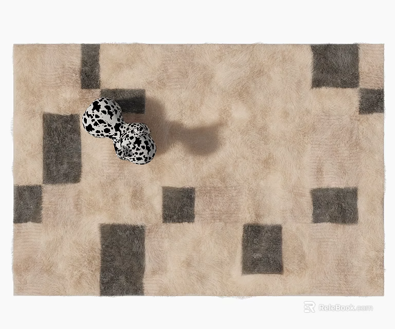 Beige Square Rug with Dark Gray Square Pattern and Black White Spotted Balls 3d model