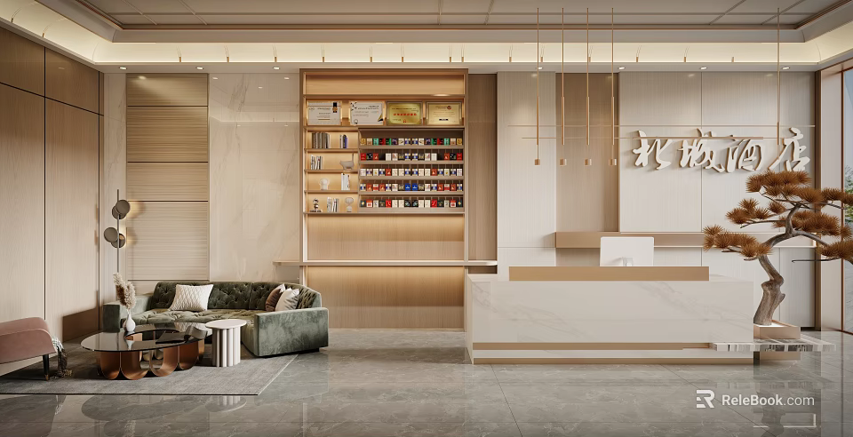 Modern Hotel Lobby With Marble Reception Desk Wooden Bookshelf And Pendant Lights 3d model 