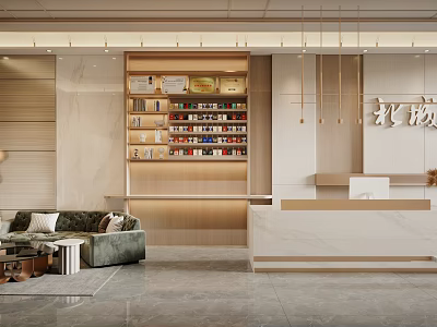 Modern Hotel Lobby With Marble Reception Desk Wooden Bookshelf And Pendant Lights 3d model