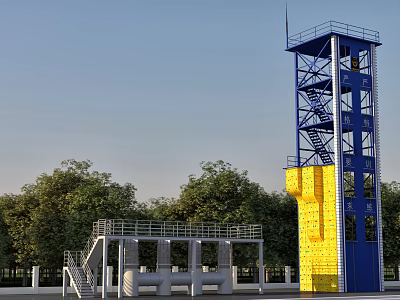 Industrial Training Tower With Blue Yellow Metal Structure Stairs Platforms And Surrounding Trees 3d model