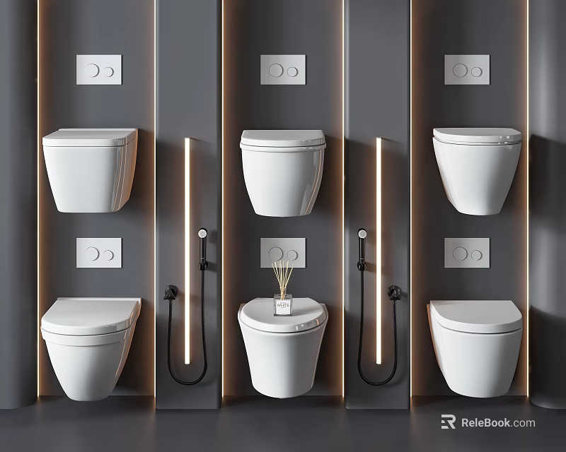 Six White Wall Mounted Toilets With Control Panels On Grey Background 3d model