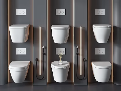Six White Wall Mounted Toilets With Control Panels On Grey Background 3d model