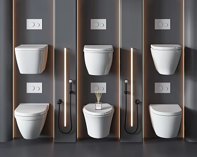 Six White Wall Mounted Toilets With Control Panels On Grey Background 3d model