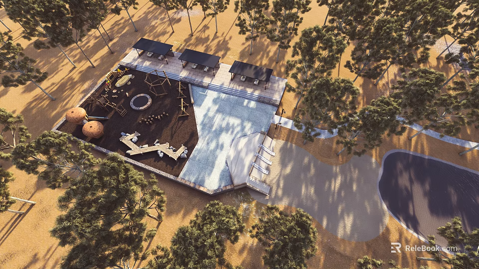 Kids Play Area With Trees Shaded Shelters Play Structures Sand and Paved Ground Seating Areas 3d model 