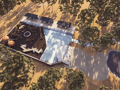 Kids Play Area With Trees Shaded Shelters Play Structures Sand and Paved Ground Seating Areas 3d model