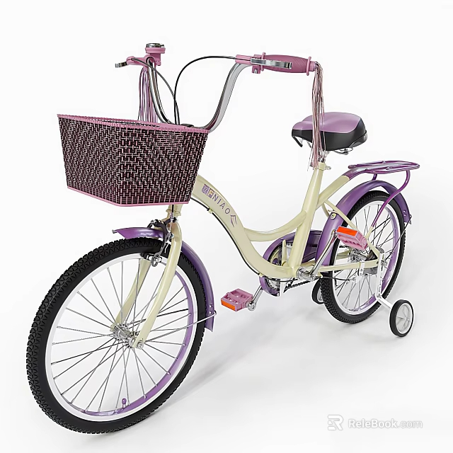 Cream And Purple Kids Bicycle With Woven Front Basket Training Wheels And Seat 3d model 