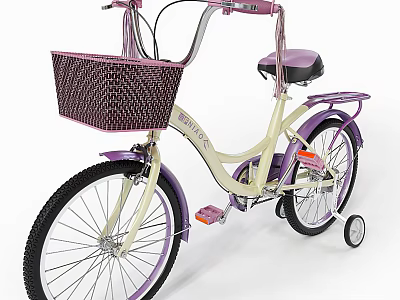 Cream And Purple Kids Bicycle With Woven Front Basket Training Wheels And Seat 3d model