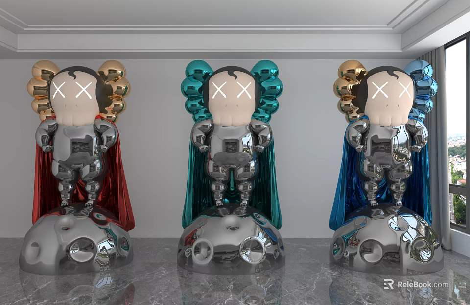 Three Cartoon Style Sculptures With Colorful Balloons Capes And Metallic Bases 3d model 