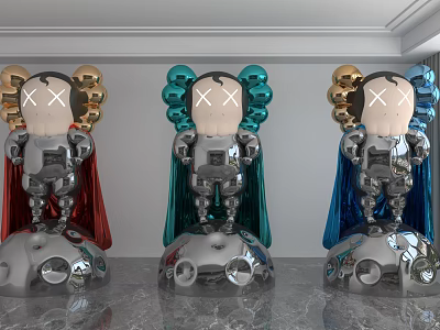 Three Cartoon Style Sculptures With Colorful Balloons Capes And Metallic Bases 3d model