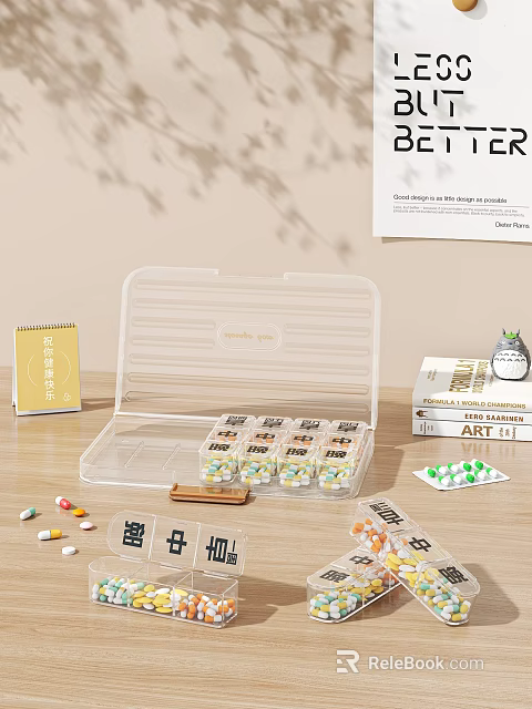 Transparent Pill Organizer With Pills Morning Noon Night Time Labels And Small Notebook On Table 3d model 